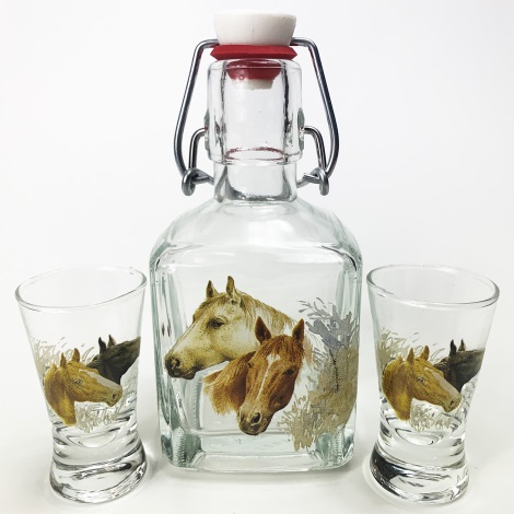 lot 1x verre bouteille et 2x verre à shot transparent avec un motif  d'animal