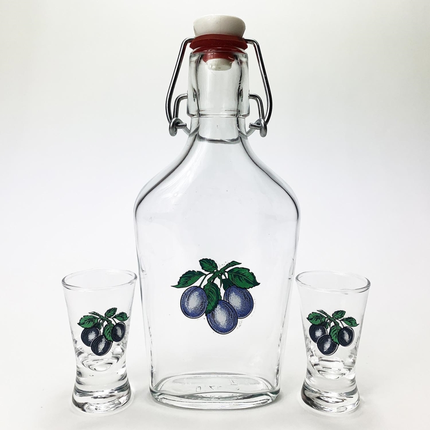 lot 1x verre bouteille et 2x verre à shot transparent avec un motif de plume