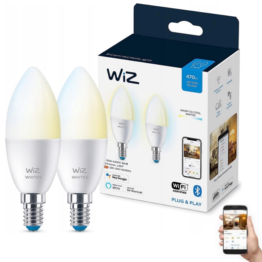 LOT 2x Ampoule à intensité variable LED C37 E14/4,9W/230V 2700-6500K CRI 90 Wi-Fi - WiZ