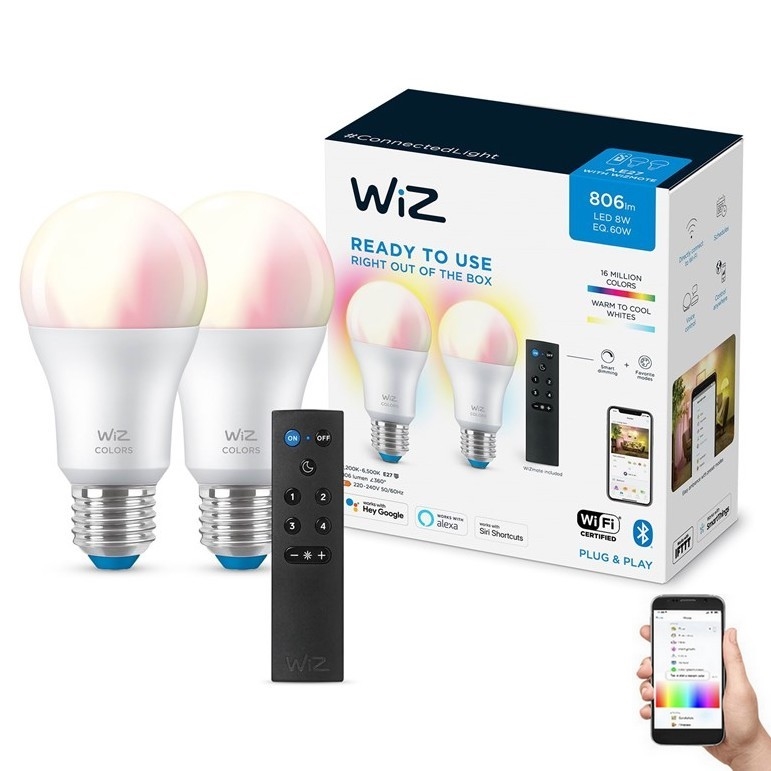 LOT 2x Ampoule à intensité variable LED RGBW A60 E27/8,5W/230V 2200-6500K Wi-Fi + télécommande - WiZ