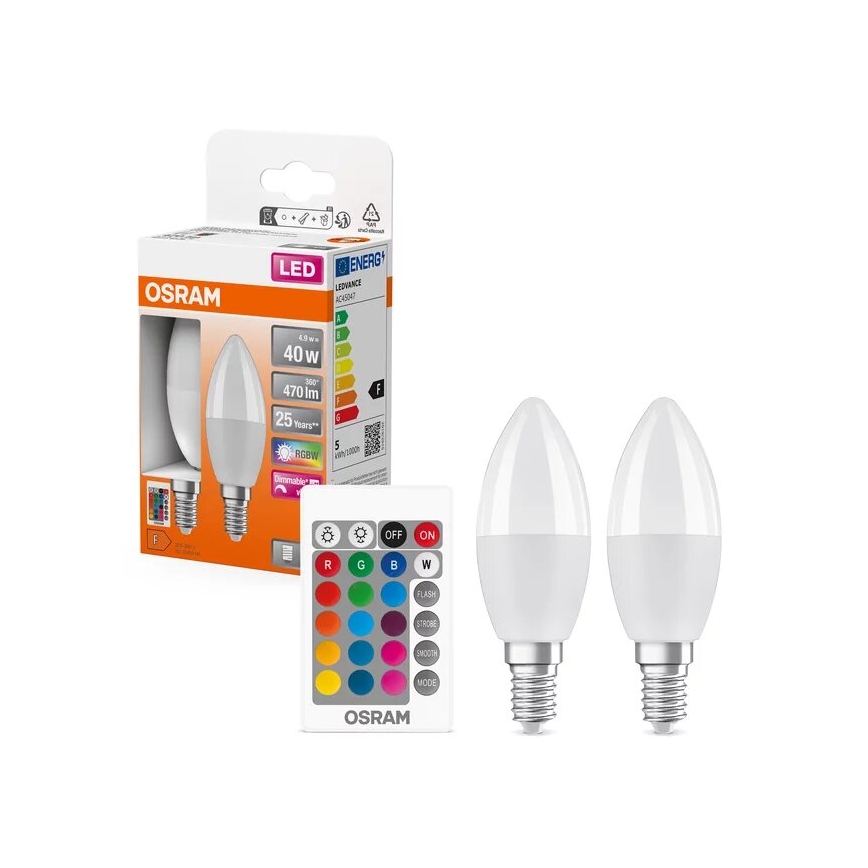 LOT 2x Ampoule à intensité variable LED RGBW B38 E14/4,9W/230V 2700K + Télécommande - Osram