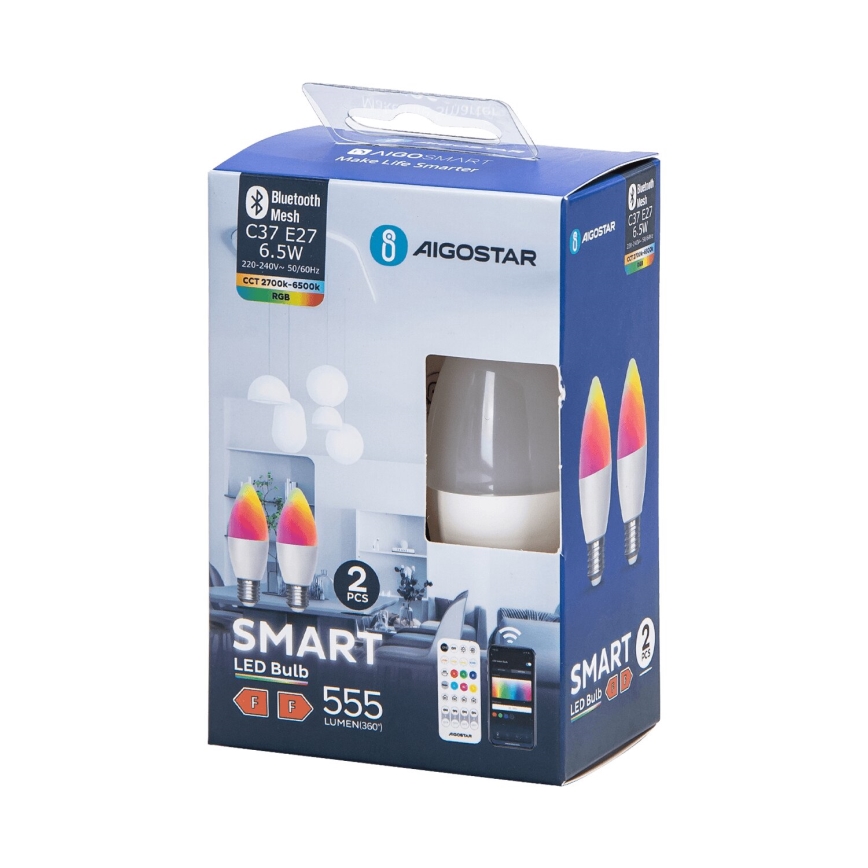 LOT 2x Ampoule à intensité variable LED RGBW MESH Smart C37 E27/6,5W/230V 2700-6500K + Télécommande - Aigostar
