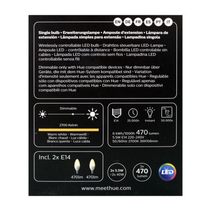 LOT 2x Ampoule LED à intensité variable Philips Hue WHITE E14/5,5W/230V 2700K