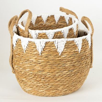 LOT 2x Panier en paille beige/blanc 32x16,5x18/24x23,5x26 cm