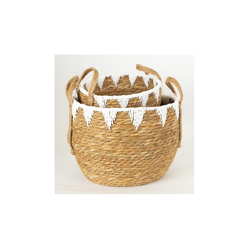 LOT 2x Panier en paille beige/blanc 32x16,5x18/24x23,5x26 cm