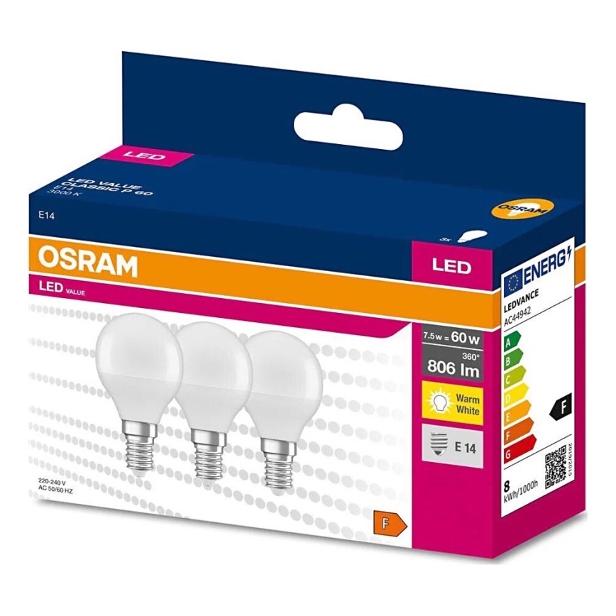 LOT 3x Ampoule LED P45 E14/7,5W/230V 3000K - Osram