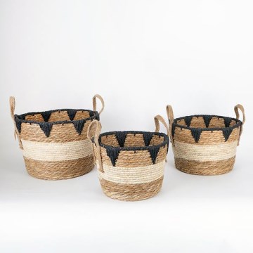 LOT 3x Panier en paille beige/noir 27x20/30x22/36x28 cm