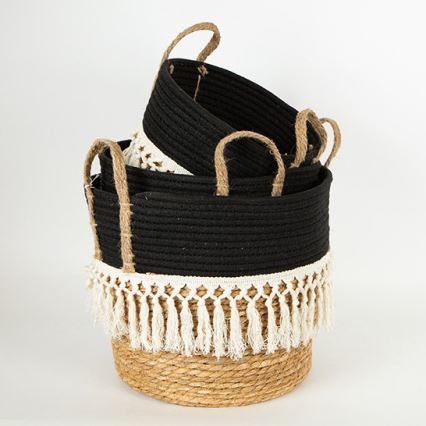 LOT 3x Panier en paille beige/noir/blanc 25x17x23/28x22x25/35x28x30 cm