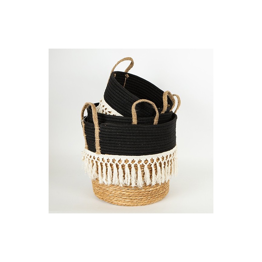 LOT 3x Panier en paille beige/noir/blanc 25x17x23/28x22x25/35x28x30 cm