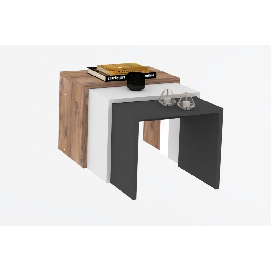 LOT 3x Table d'appoint GUL marron/blanc/gris