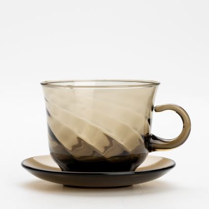 Lot 6x tasse en verre avec une soucoupe et 1x sucrier fumé