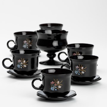 Lot 6x tasse en verre avec une soucoupe et 1x sucrier noir bouquet n° 1