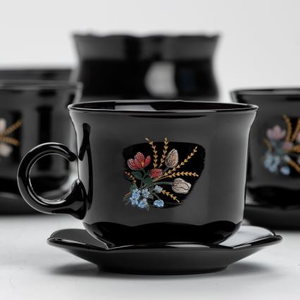 Lot 6x tasse en verre avec une soucoupe et 1x sucrier noir bouquet n° 1