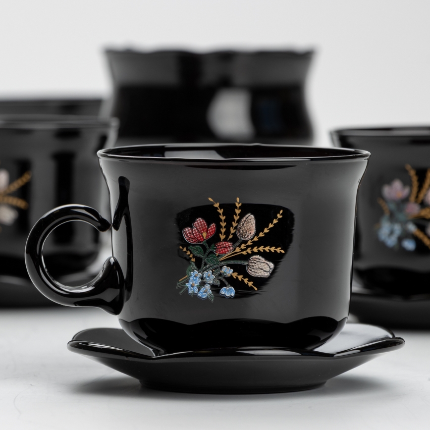 Lot 6x tasse en verre avec une soucoupe et 1x sucrier noir bouquet n° 1