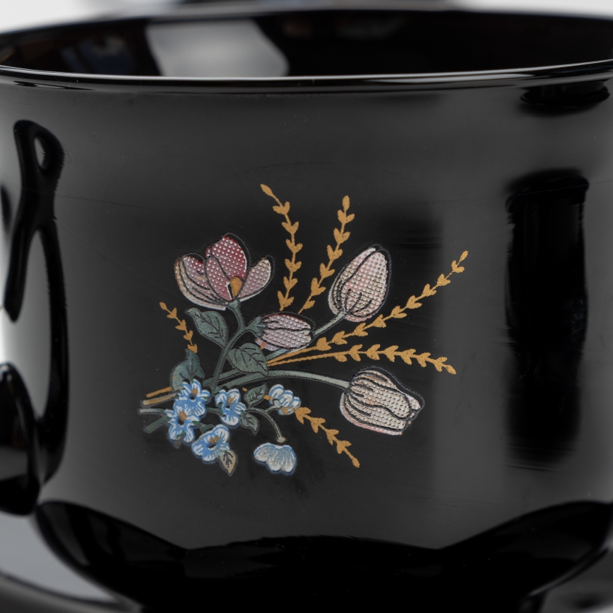 Lot 6x tasse en verre avec une soucoupe et 1x sucrier noir bouquet n° 1