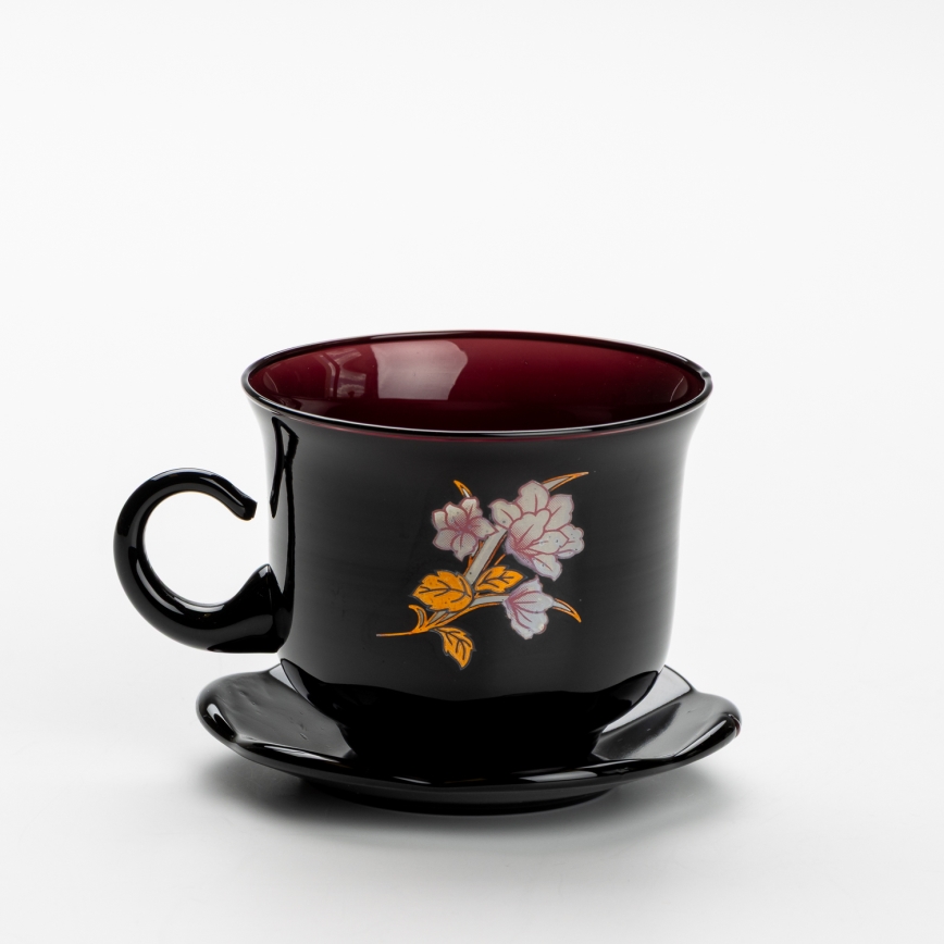 Lot 6x tasse en verre avec une soucoupe et 1x sucrier noir bouquet n° 3