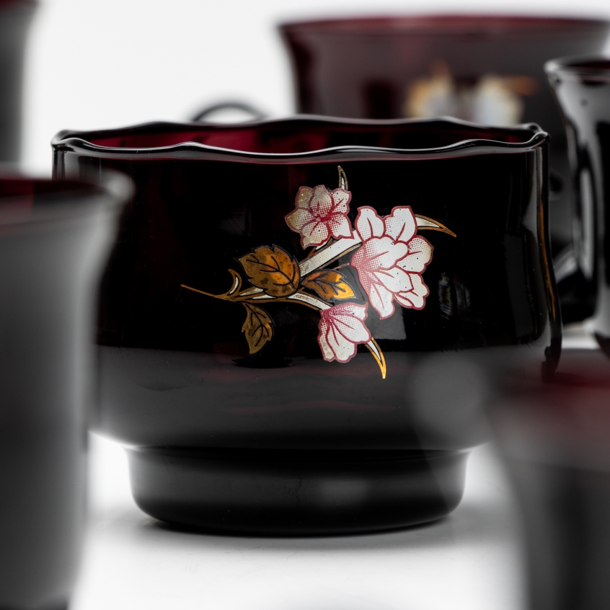 Lot 6x tasse en verre avec une soucoupe et 1x sucrier noir bouquet n° 3