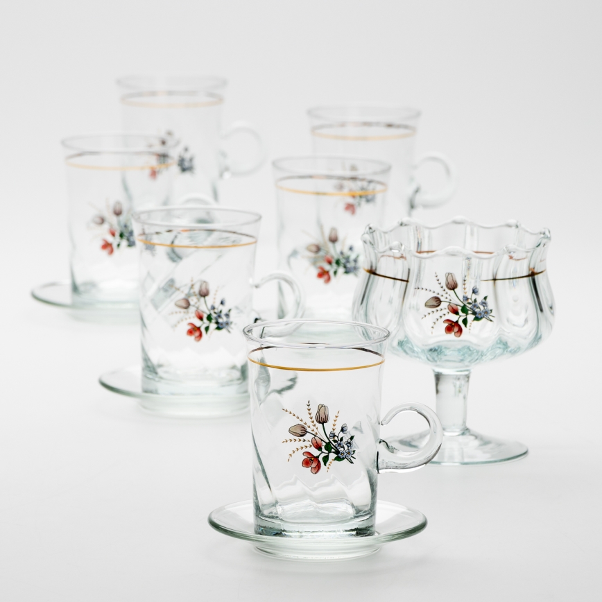 Lot 6x tasse en verre avec une soucoupe et 1x sucrier transparent bouquet no. 4