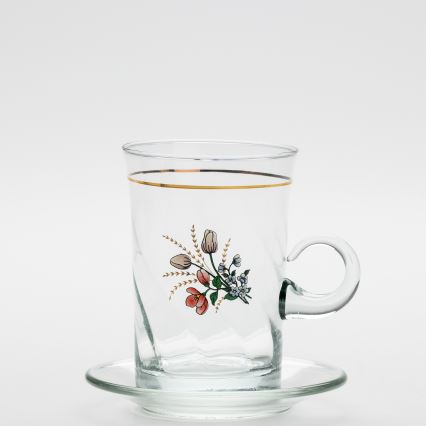Lot 6x tasse en verre avec une soucoupe et 1x sucrier transparent bouquet no. 4