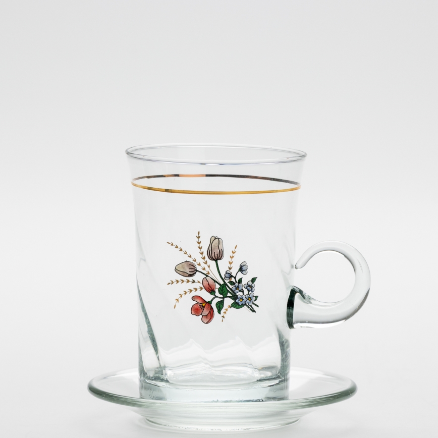 Lot 6x tasse en verre avec une soucoupe et 1x sucrier transparent bouquet no. 4