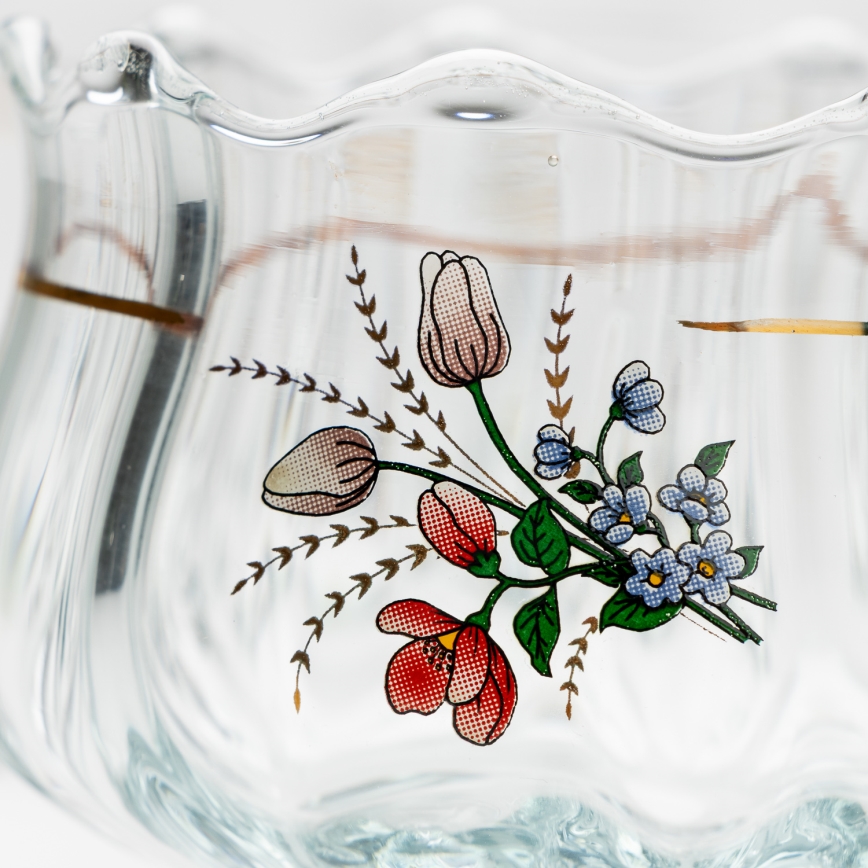 Lot 6x tasse en verre avec une soucoupe et 1x sucrier transparent bouquet no. 4