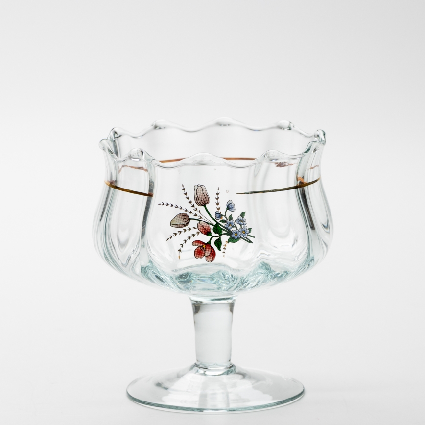 Lot 6x tasse en verre avec une soucoupe et 1x sucrier transparent bouquet no. 4