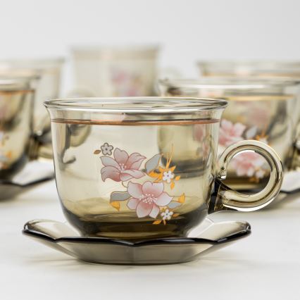 Lot 6x tasse en verre avec une soucoupe fumé bouquet n° 6