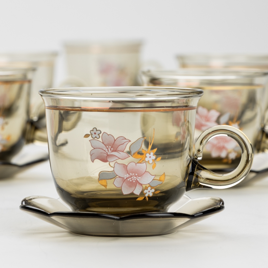 Lot 6x tasse en verre avec une soucoupe fumé bouquet n° 6