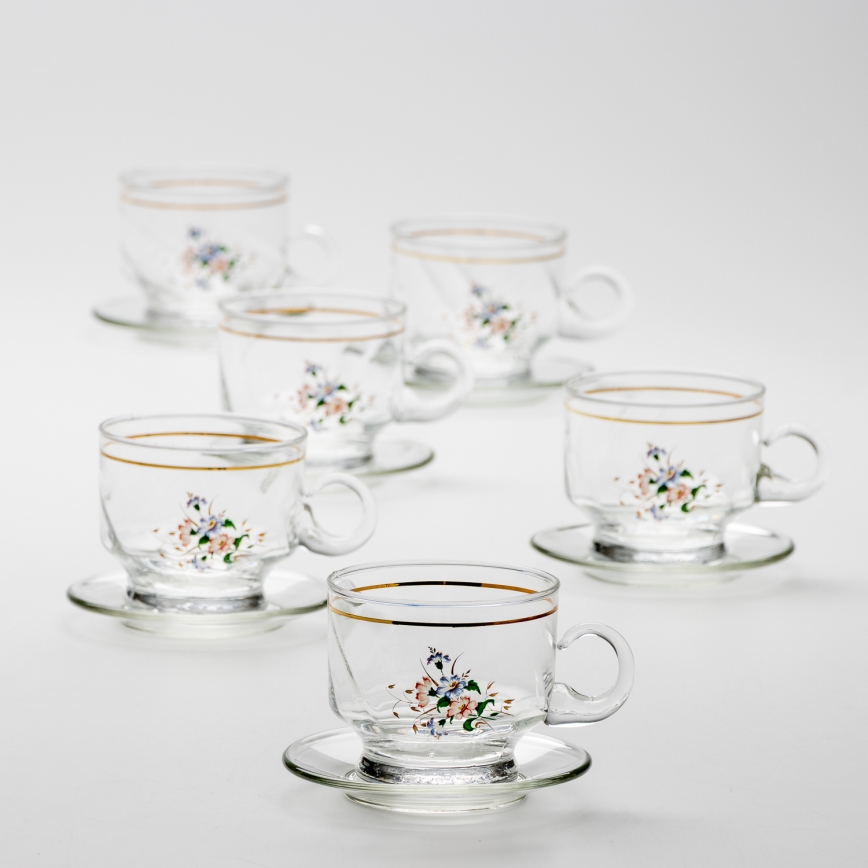 Lot 6x tasse en verre avec une soucoupe transparent bouquet n° 8