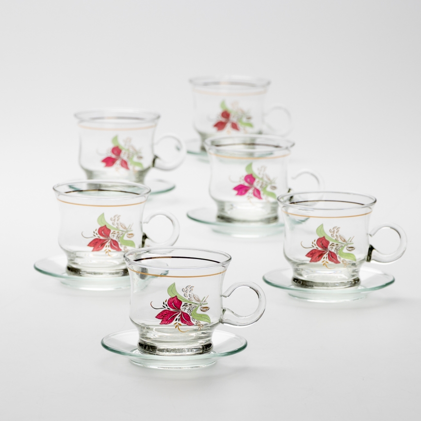 Lot 6x tasse en verre avec une soucoupe transparent bouquet n° 9