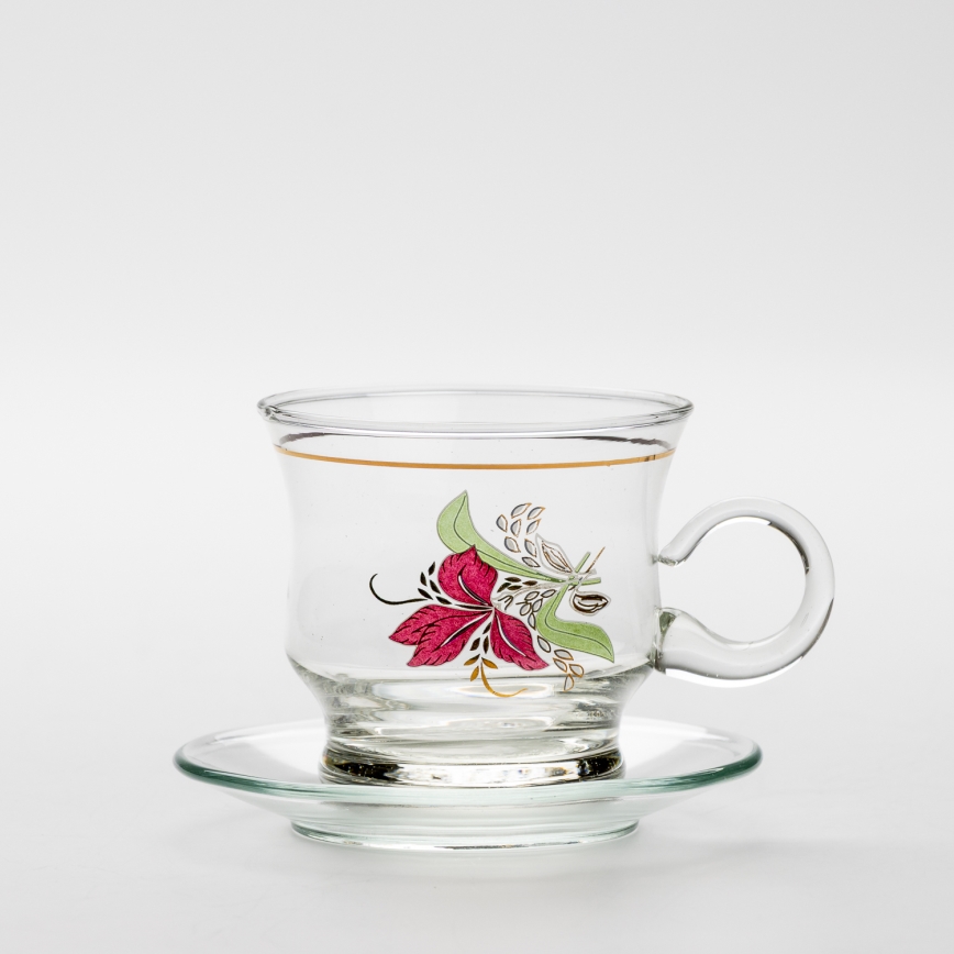 Lot 6x tasse en verre avec une soucoupe transparent bouquet n° 9