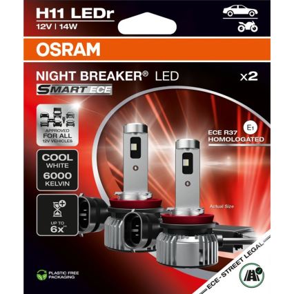 Lot de 2 ampoules LED auto NIGHT BREAKER SMART H11 PGJ19-2 — 14W/12V, 6000K — Osram