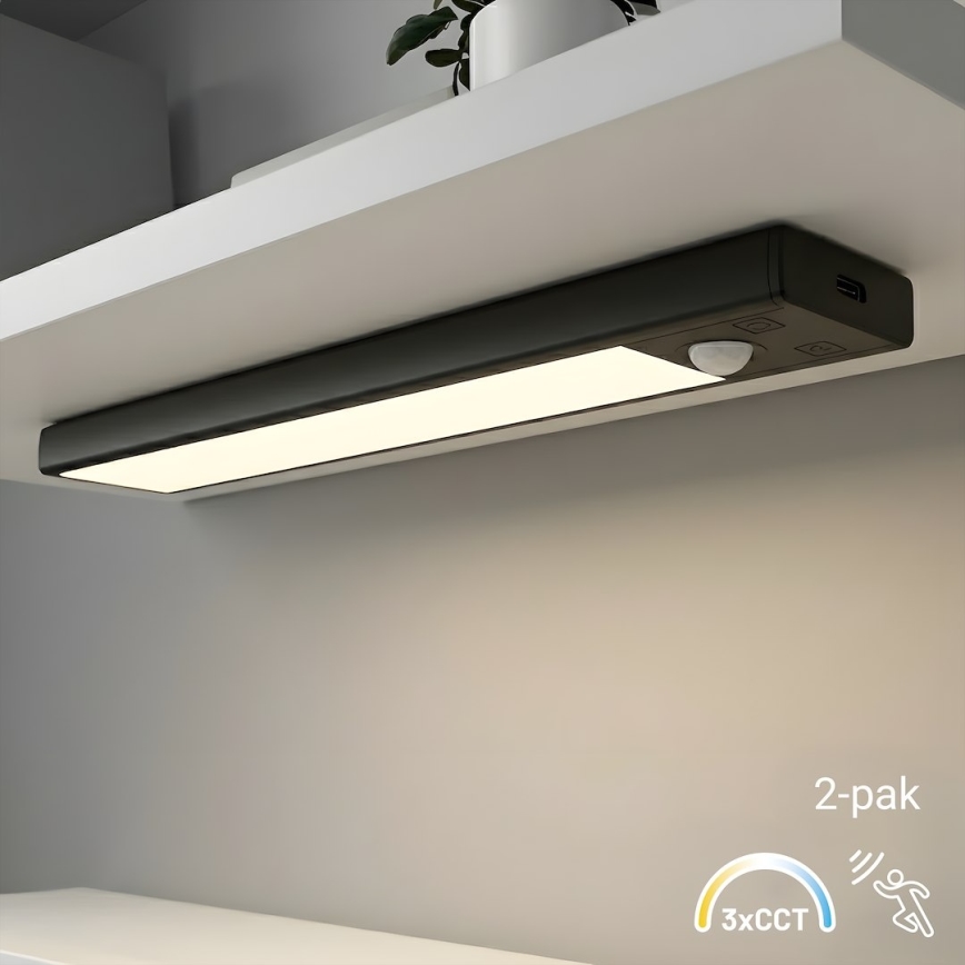 Lot de 2 éclairages LED rechargeables pour mobilier avec détecteur de mouvement et capteur crépusculaire VIRO LED/1W/3,7V 800 mAh 3000/4000/6500K 20 cm noir