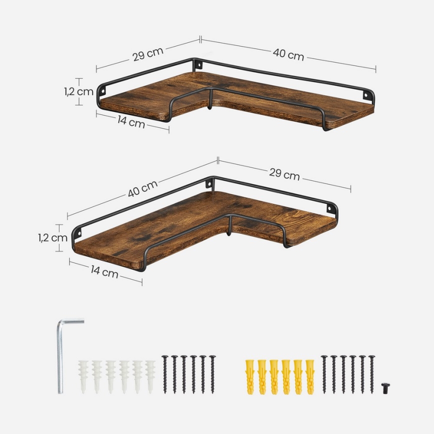 Lot de 2 étagères murales SHELFY 40 x 10 x 29 cm, brun/noir