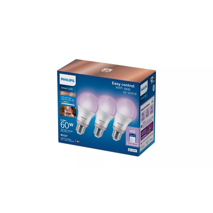 Lot de 3 ampoules LED RGB dimmables Philips SMART A60 E27/8,8W/230V 2200-6500K