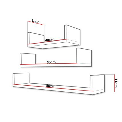 Lot de 3 étagères murales TRIO 40/60/80 x 11 x 18 cm, chêne Sonoma