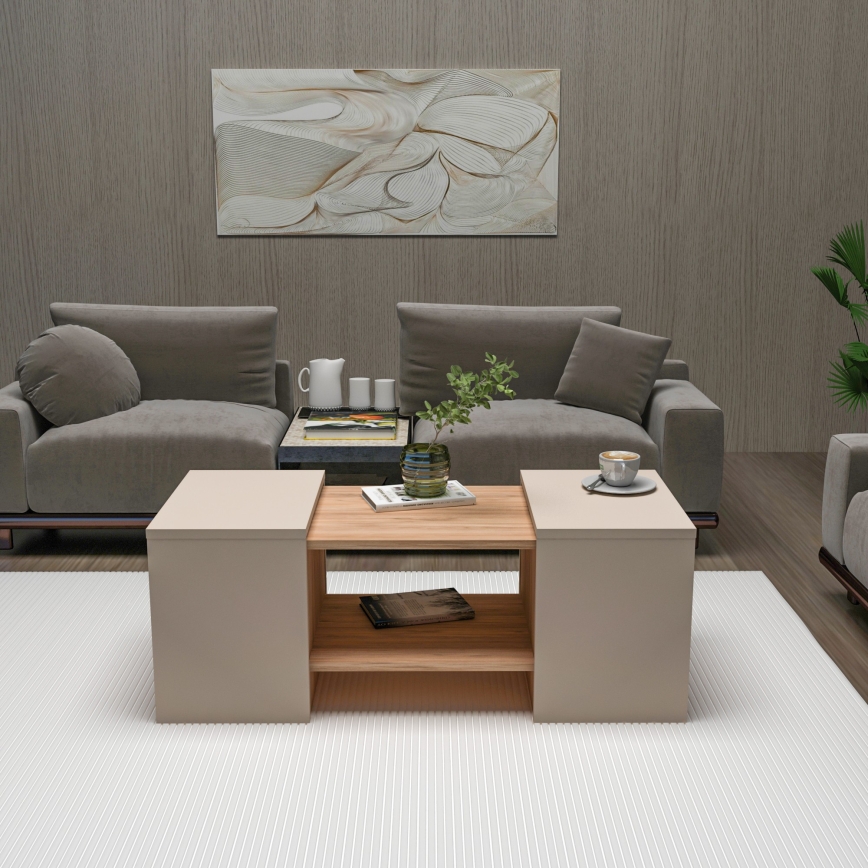 Lot de 3 tables basses SOLIS 45/45/100x30/30/40 cm beige/épicéa