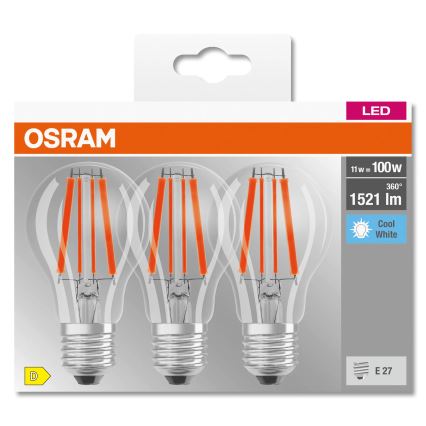 LOT DE 3x ampoules LED Base Classic Filament A60 E27/11W/230V 4000K - Osram