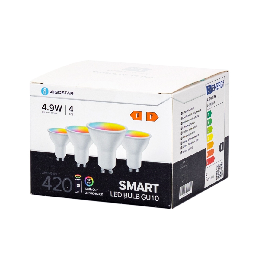 Lot de 4 ampoules LED RGBW dimmables Smart GU10, 4,9 W, 230 V, 2700–6500 K - Aigostar