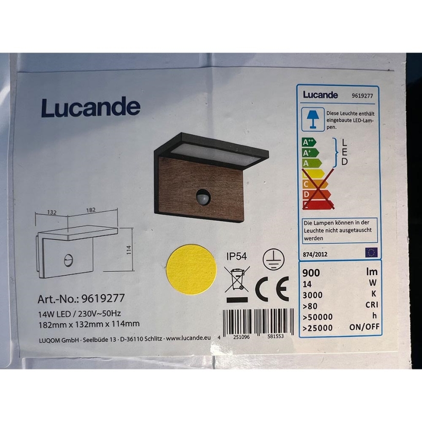 Lucande - Applique murale d'extérieur avec détecteur LIGNUS LED/14W/230V IP54