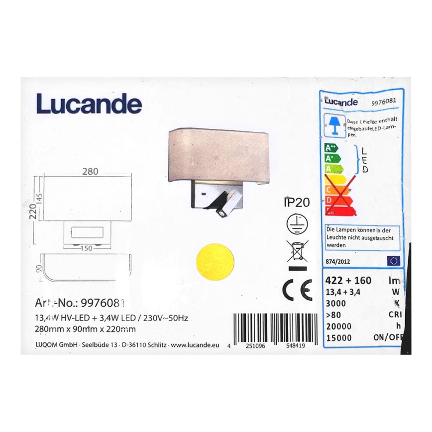 Lucande - Lampe murale LED VIRVE 1XLED/13,4W/230V + 1xLED/3,4W/230V