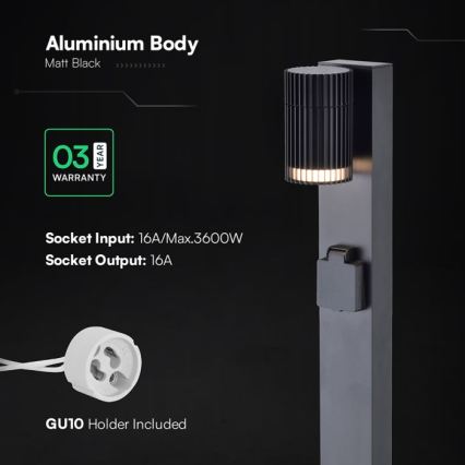 Luminaire d'extérieur avec prise SCHUKO, 1x GU10/10W/230V, IP44, 80 cm, noir