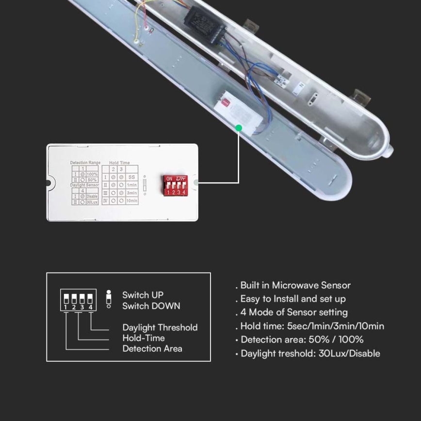 Réglette LED technique avec détecteur de mouvement et capteur crépusculaire LED/48W/230V IP65 4000K 150 cm