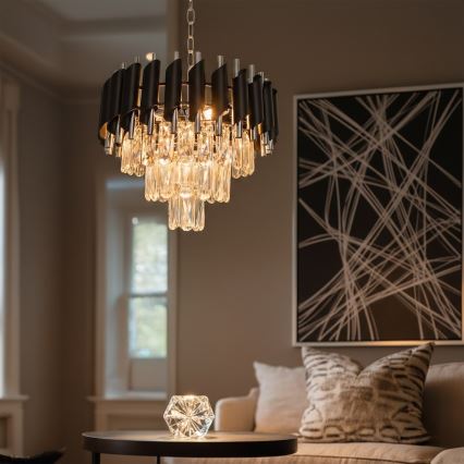 Lustre à chaîne CRISTAL 5xE14/10W/230V Ø 38 cm noir/chrome mat