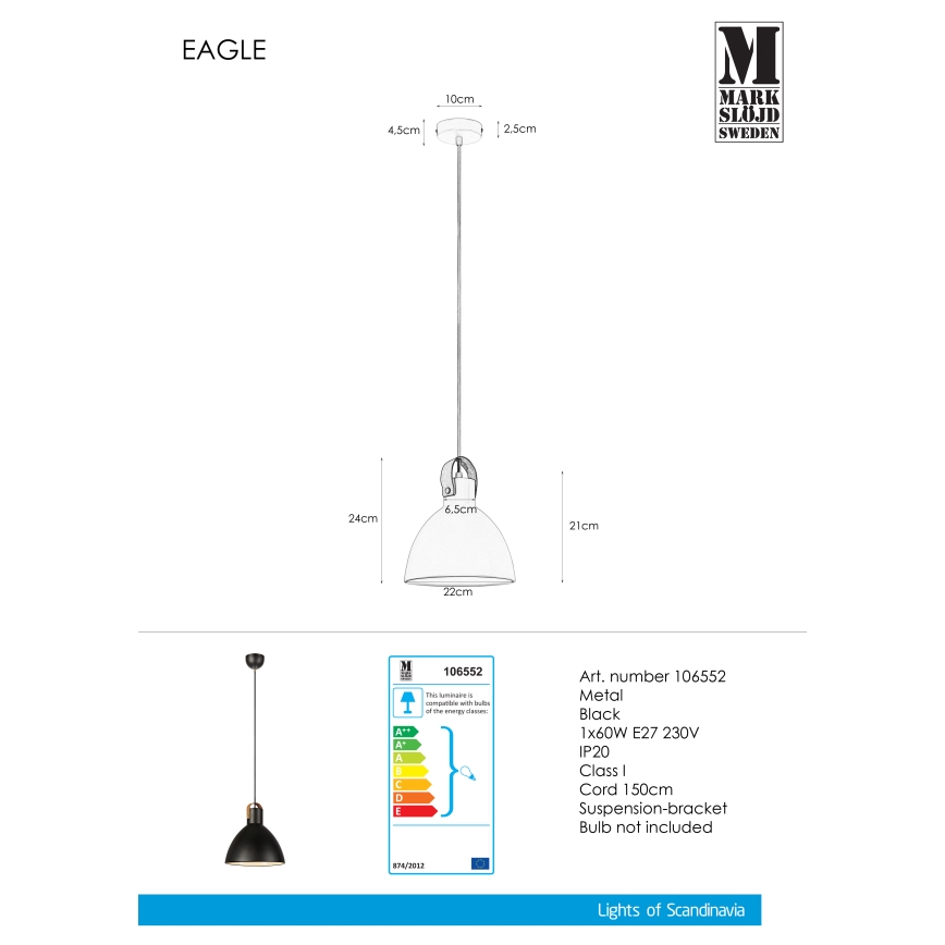 Markslöjd 106552 - Hanglamp aan een koord EAGLE 1xE27/60W/230V zwart