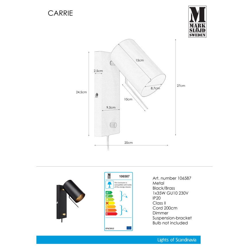 Markslöjd 106587 - Dimbare wandlamp CARRIE 1xGU10/35W/230V zwart