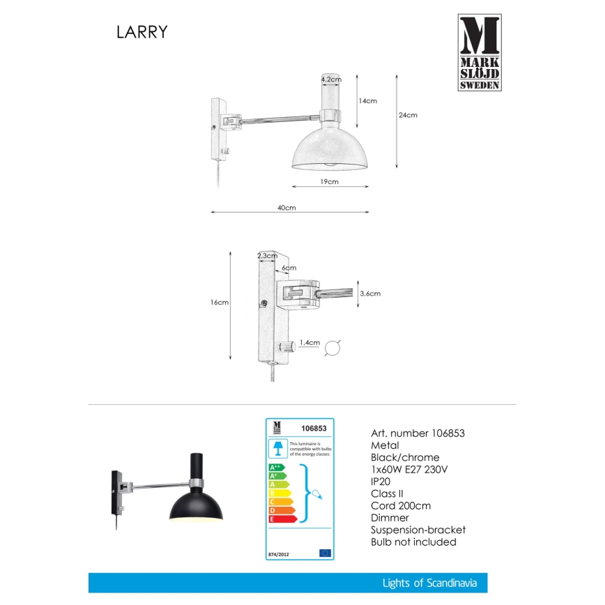 Markslöjd 106970 - Applique murale dimmable LARRY 1xE27/60W/230V