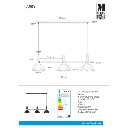 Markslöjd 106971 - Suspension fil LARRY 3xE27/60W/230V noir/or
