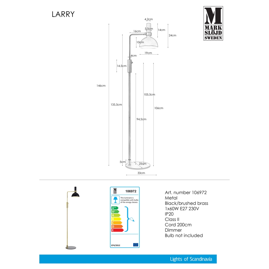 Markslöjd 106972 - Lampadaire à intensité variable LARRY 1xE27/60W/230V noir/or
