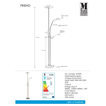 Markslöjd 107009 - Lampadaire dimmable LED FRIEND LED/18W/230V + LED/5W